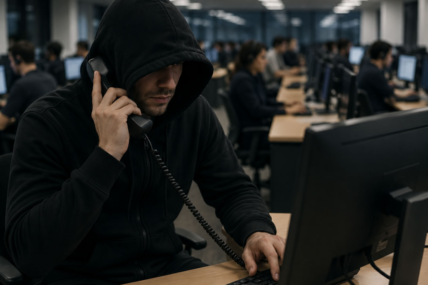 A person wearing a hooded sweatshirt is sitting at a desk, using a telephone and a computer in a dimly lit office with multiple people working at computers in the background.