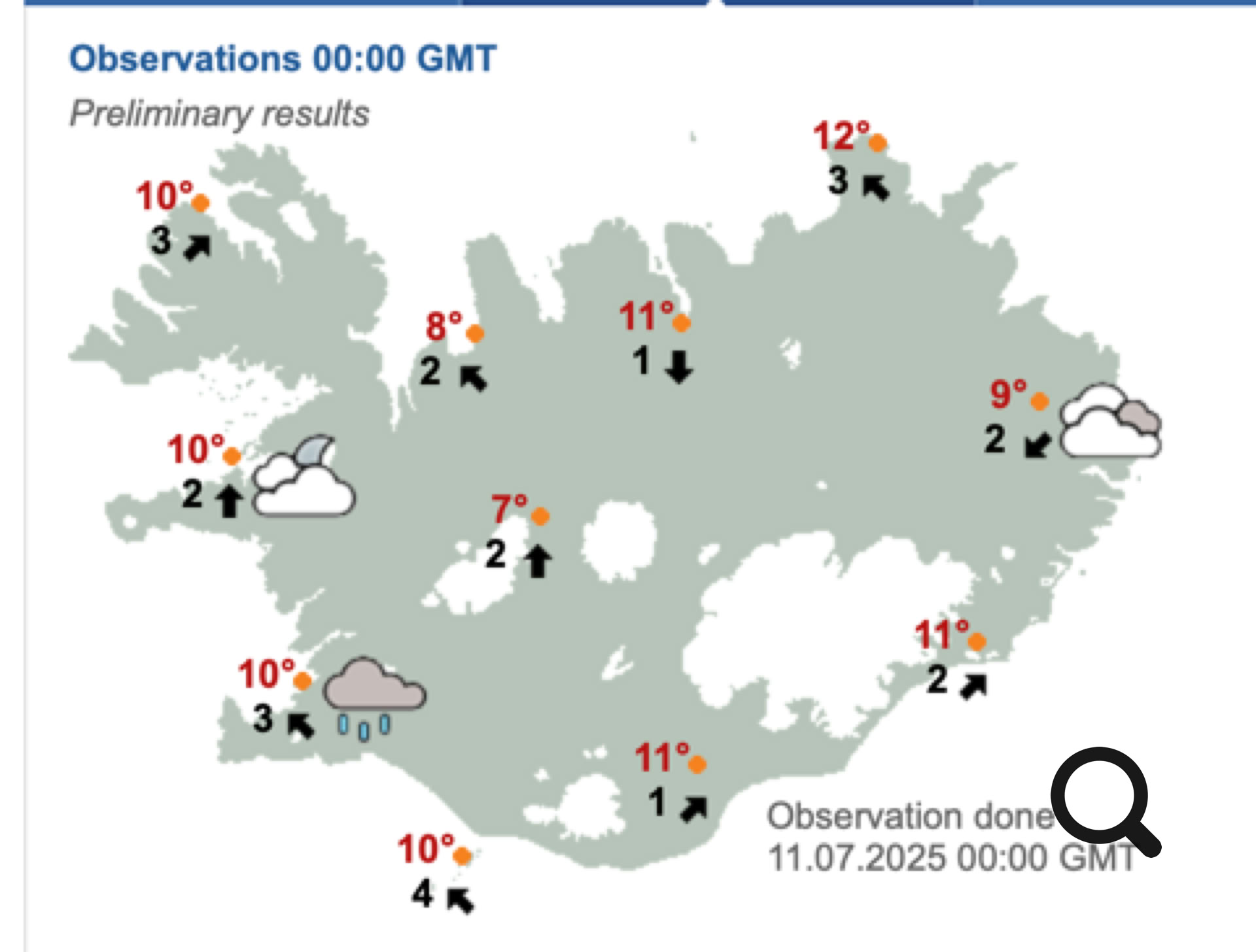 Map of Iceland showing weather observations with temperatures and wind symbols at various locations.