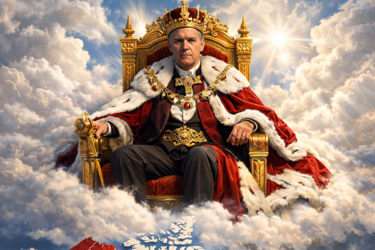 Mark Carney wearing a royal robe and crown sits on a throne surrounded by clouds, with a colorful map of Canada below.