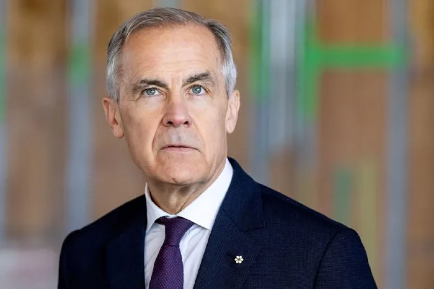 Mark Carney in a suit and tie is looking forward with a neutral expression. The background is blurred with vertical and horizontal lines.