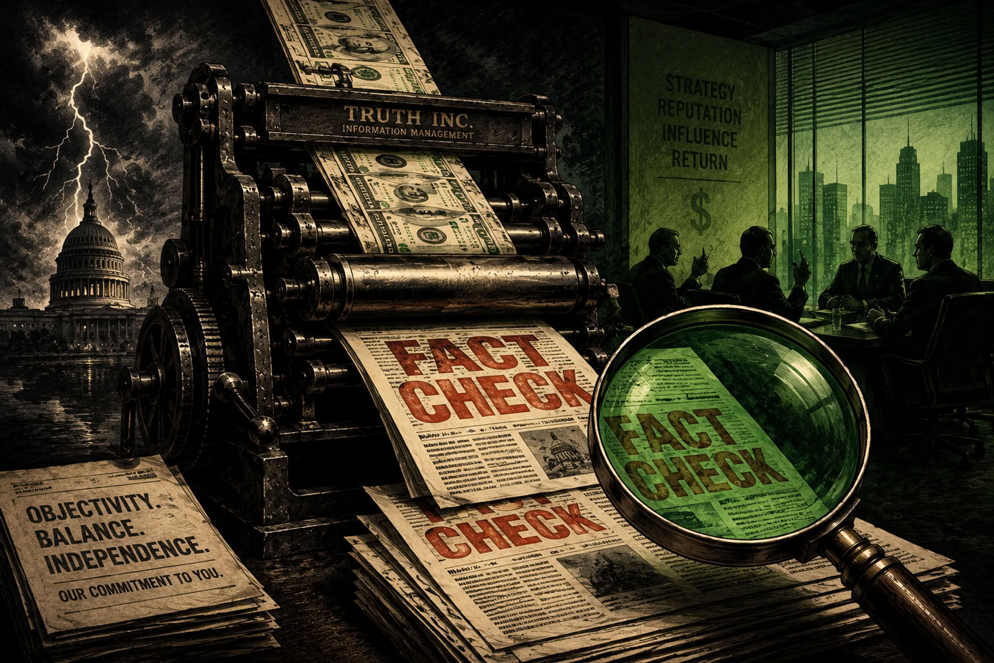 A printing press producing newspapers with "FACT CHECK" headlines, a magnifying glass focusing on one paper, a stormy sky with lightning, the U.S. Capitol building, and a silhouette of people in a meeting room with a cityscape backdrop.