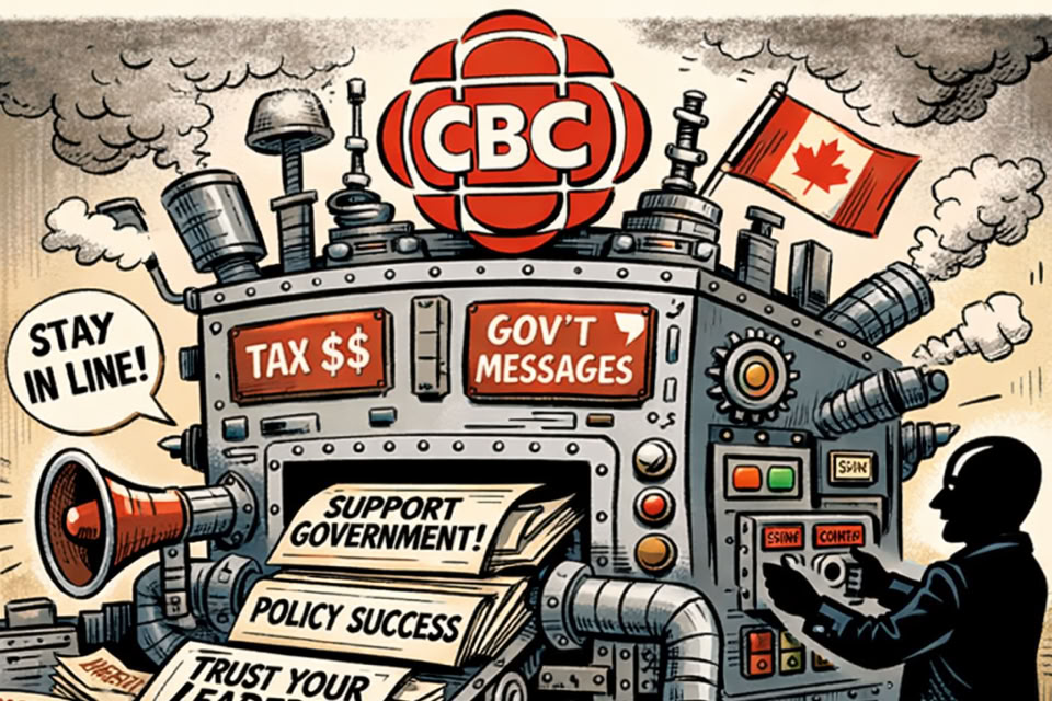 A cartoon depicting a large machine with the CBC logo and a Canadian flag, producing papers labeled with phrases like "Support Government" and "Official Narrative." A person is operating the machine, and there is a bin labeled "Truth" filled with crumpled papers.