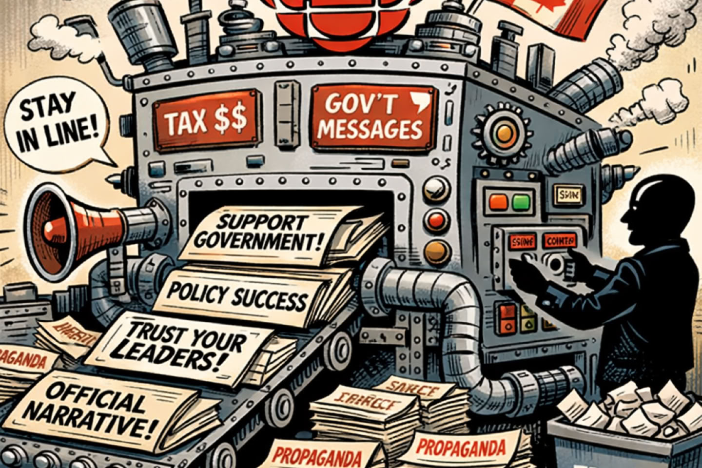 A cartoon depicting a large machine labeled "CBC" with a Canadian flag, producing papers with phrases like "Support Government" and "Official Narrative," while a person operates it. A box labeled "Truth" is filled with crumpled papers.