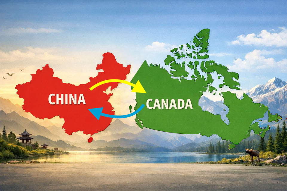 Map silhouettes of China in red and Canada in green with arrows pointing between them, set against a scenic background of mountains and a lake.