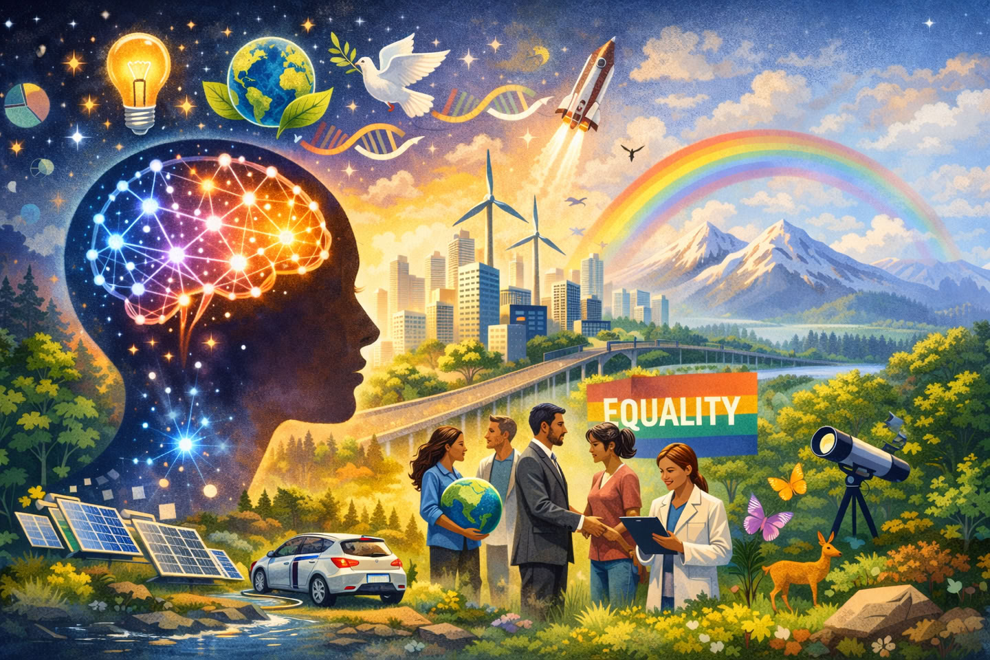 A colorful illustration featuring a silhouette of a head with a vibrant brain, a city skyline with wind turbines, a rainbow, mountains, and a group of diverse people holding a globe and documents. Solar panels, an electric car, and a telescope are also present, with the word "Equality" on a banner.